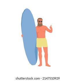 Male surfer holding surf board simple flat vector character illustration.