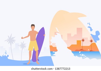 Male surfer holding surfboard and showing thumb up. Like gesture, palms, ocean, beach. Surfing concept. Vector illustration can be used for topics like vacation, water activity, sport