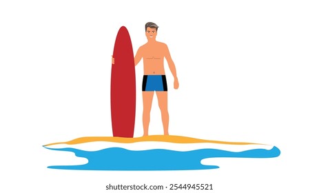 Surfista masculino en la playa aislado en blanco. Personas y deportes acuáticos de verano Actividad Arte vectorial