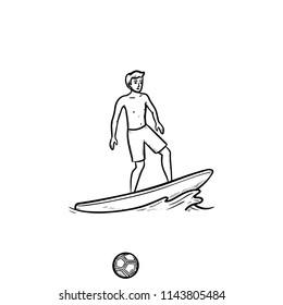 Male surfer on board hand drawn outline doodle icon. Beach holidays, ocean waves, extreme sport concept. Vector sketch illustration for print, web, mobile and infographics on white background.