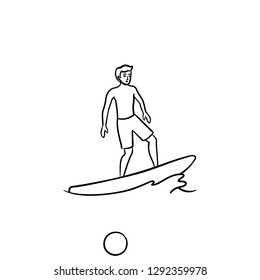 Male surfer on board hand drawn outline doodle icon. Beach holidays, surf board, extreme sport concept. Vector sketch illustration for print, web, mobile and infographics on white background.