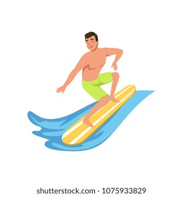 Male surfer on surf board, water sport activity vector Illustration on a white background
