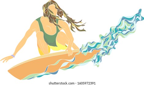 male surfer pulls into a powerful turn that sends spray into the air, replocated in a print colour style.