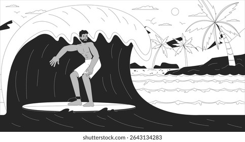 Surfista masculino cavalgando grande onda do oceano perto de praia tropical lofi ilustração contorno. Cultura de surfe. Atividade de verão. Surfboard man 2D tinta linear plano lo fi desenho. Papel de parede estético da arte vetorial