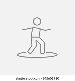 Male surfer riding on surfboard line icon for web, mobile and infographics. Vector dark grey icon isolated on light grey background.