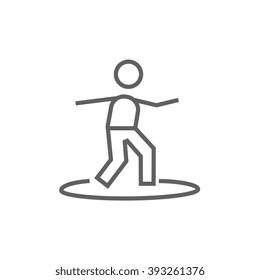 Male surfer riding on surfboard line icon.