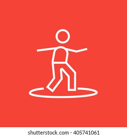 Male surfer riding on surfboard line icon.