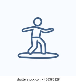 Male surfer riding on surfboard vector sketch icon isolated on background. Hand drawn Male surfer riding on surfboard icon. Male surfer riding on surfboard sketch icon for infographic, website or app.