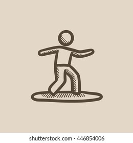 Male surfer riding on surfboard vector sketch icon isolated on background. Hand drawn Male surfer riding on surfboard icon. Male surfer riding on surfboard sketch icon for infographic, website or app.