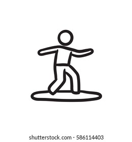 Male surfer riding on surfboard vector sketch icon isolated on background. Hand drawn Male surfer riding on surfboard icon. Male surfer riding on surfboard sketch icon for infographic, website or app.