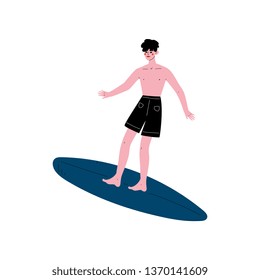 Male Surfer Riding Surfboard, Happy Man Enjoying Summer Vacation on Sea or Ocean, Recreational Water Sport Vector Illustration