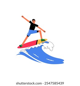 Surfista Masculino Montando Una Ola En Tabla De Surf, Ilustración vectorial Plana Que Simboliza El Surf, La Aventura Y El Estilo De Vida Oceánico, Aislado Sobre Fondo Blanco