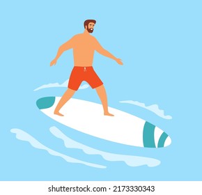 Male surfer riding a wave. Young man on sup board floating in sea in sunny day. Cartoon vector illustration of Surfing man