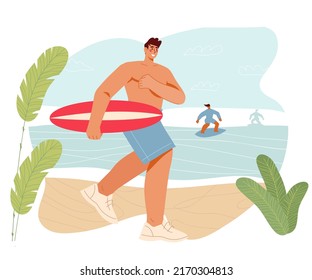 Male surfer rushing to the beach flat cartoon vector illustration isolated on white background. Summer landscape with surfer carrying surfboard.