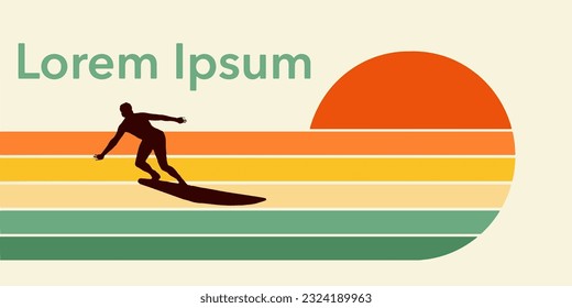 A male surfer is seen on his surf board on a graphic colorful design of a sunset over the ocean. This is a design for a surfing related logo or icon.