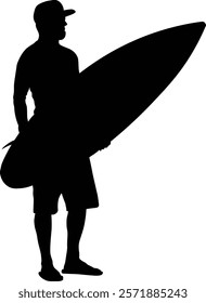 Male Surfer Silhouette. Isolated on White Background. Vector Illustration