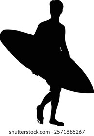 Male Surfer Silhouette. Isolated on White Background. Vector Illustration