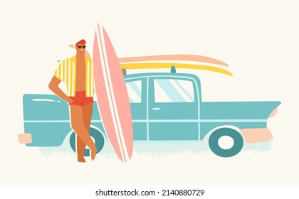 Male surfer standing near his car with a surfboard. Vector illustration of a smiling guy enjoying surfing lifestyle in trendy retro style.