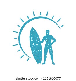 Male surfer standing surfboard at curved arch abstract sun with beams blue grunge texture vector illustration. Surfing riding, active lifestyle, extreme sports aquatic hobby, summer vacation logotype