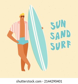 Male surfer in sunglasses holding a surfboard. Vector illustration of a young man on a beach enjoying active lifestyle. Trendy retro style.