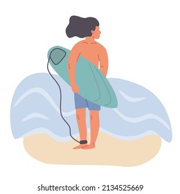 Male surfer with surfboard stand on sand near the sea water vector flat illustration. Sporting guy in swim shorts looks away. Surfer man on beach enjoying water summer activity