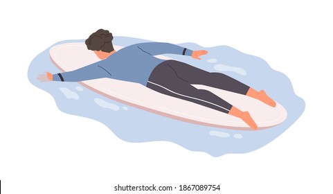 Male surfer in swimsuit lying on surfboard and swimming. Active man in swimwear surf and ride on sea wave. Scene of summer recreation. Flat vector cartoon illustration of sportsman isolated on white