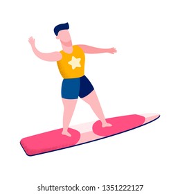 Male Surfer Waving Hand Flat Vector Illustration. Watersports, Summer Outdoor Activities. Man, Boy Showing Surfing Tricks Isolated Character. Cartoon Holidaymaker. Extreme Sports, Hobby, Leisure