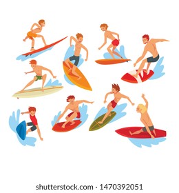 Male Surfers Characters Riding Waves Set, Recreational Beach Water Sport, Man Enjoying Summer Vacation Vector Illustration