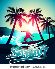 Male surfing at sunrise at a tropical beach .