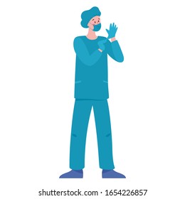 Male surgeon doctor in gloves and a mask on his face. Professional medicine worker. Isolated vector illustration in cartoon style