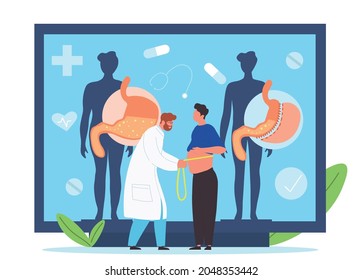 Male surgeon doctor measuring waist of fat man. Preparing patient for bariatric gastrectomy procedure in clinic. Concept of weight loss medicine. Flat cartoon vector illustration