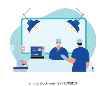 Male surgeon and nurse perform surgery in the operating room on a patient in hospital, medicine vector illustration.