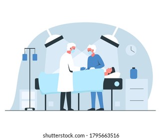 Male surgeon and nurse performing an operation in surgery room in a hospital. Vector concept illustration of a man under the lights anesthetized
on the operating table in surgery room interior