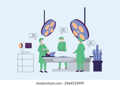 Male surgeon and nurse performing an operation in surgery activity in a hospital. Vector concept illustration of doctor under the lights anesthetized on the operating table in surgery room interior