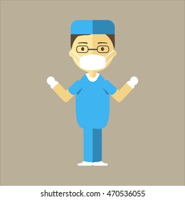 Male surgeon ready for surgery. Man doctor in uniform, mask and sterile gloves. Clinic of plastic surgery concept. Vector illustration flat design. 