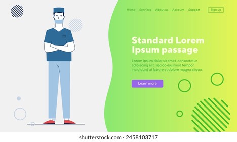 Male surgeon in uniform and mask. Medical worker, doctor, assistant flat vector illustration. Occupation, professional, surgery concept for banner, website design or landing web page