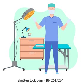 Male surgeon or veterinarian in uniform and mask standing with arms up near sectional table, floor-mounted operational light. Table lamp and medical instrument on cupboard. Green shapeless background