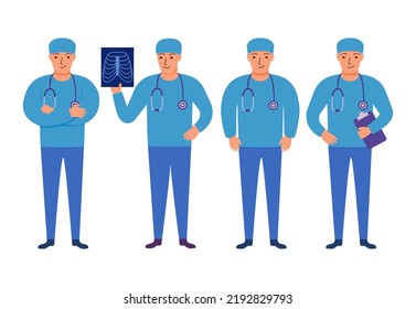 Male Surgeon.Doctor Man In Uniform. Medical Surgeon Doctor Looking At X-ray Picture.Radiologist Looking At Human Xray.Avatar Of Young Smiling Doctor.Isolated On White Background. 