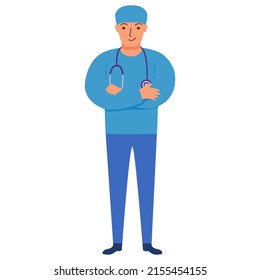 Male surgeon.Doctor man in uniform.Avatar of young smiling doctor.Medical scrubs and cap.Medic worker or practitioner.Vector flat illustration.