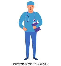 Male surgeon.Doctor man in uniform.Avatar of young smiling doctor.Medical scrubs and cap.Medic worker or practitioner.Vector flat illustration.