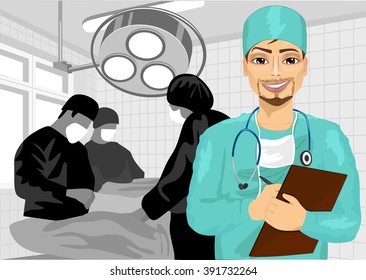 male surgical nurse in operating room holding clipboard