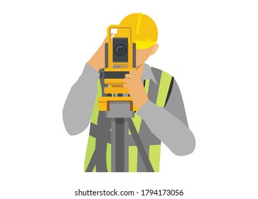 Male surveyor using a theodolite. Simple illustration.
