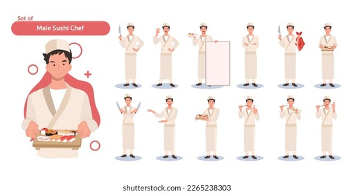 Male sushi chef character set.Japanese chef in Different poses and emotions. Flat Vector illustration 