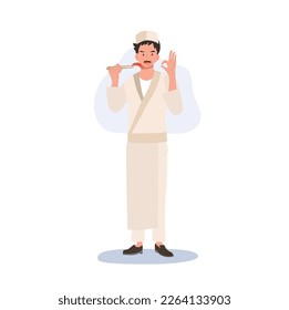 Male sushi chef is holding sushi by chopstick and doing OK hand sign as a good quality and good taste.Flat vector illustration.