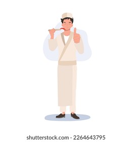 Male sushi chef is holding sushi by chopstick and doing thumbs up as a good quality and good taste.Flat vector illustration.