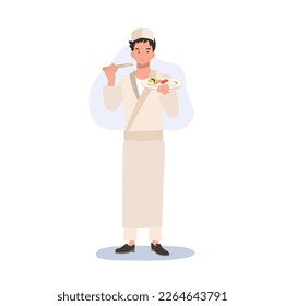 Male sushi chef is holding chopstick and a plate of varieties sushi.Flat vector illustration.