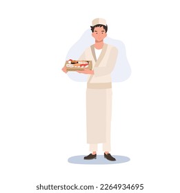Male sushi chef holding a japanese wood plate of varieties of sushi .Flat vector illustration.