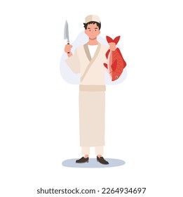 male sushi chef holding knife and red fresh snapper fish.Flat vector illustration.