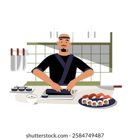 Male Sushi Chef Preparing Sushi Rolls in Flat Vector Illustration Symbolizing Japanese Cuisine, Culinary Skills, and Traditional Cooking, Isolated on White Background