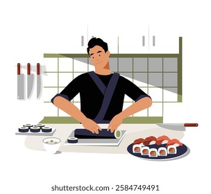 Male Sushi Chef Rolling Sushi With Knives And Ingredients. Flat Vector Illustration Symbolizing Japanese Culinary Art, Traditional Cuisine, And Cooking Process, Isolated On White Background